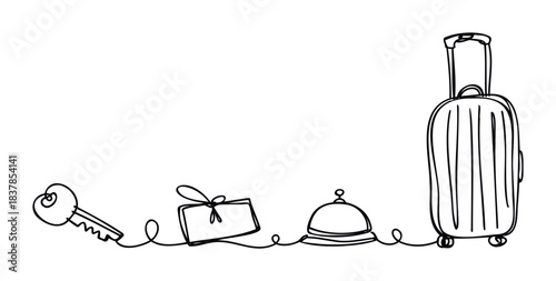 Collection of hotel services and travel symbols including a key, luggage tag, bell, and suitcase presented in a minimalist continuous line drawing style for travel and hospitality themes