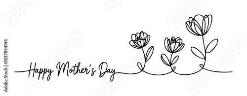 Hand drawn continuous line floral graphic with Happy Mothers Day text celebrating mothers and family, perfect for greeting cards and social media posts.