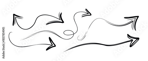 Collection of hand drawn arrow shapes with a brush stroke effect for use in graphic layouts, pointing in various directions for directional emphasis and design accents