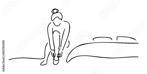 Minimalist line drawing of a woman tying shoes on the edge of a bed, perfect for lifestyle, wellness, and personal care themes.