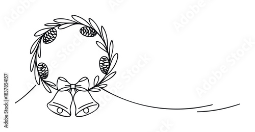 Christmas wreath with pinecones and bells tied with a bow, perfect for seasonal greetings and winter holiday decor projects