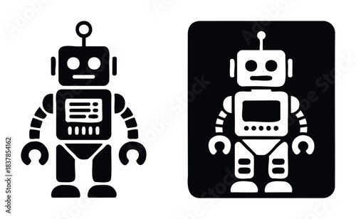 Simple geometric robot icons in black and white, representing technology, automation, and artificial intelligence, perfect for app interfaces, web design, and presentations