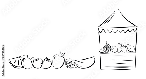 Simple line drawing of a fruit stand with various fresh fruits displayed, ideal for healthy eating promotion or market signage.