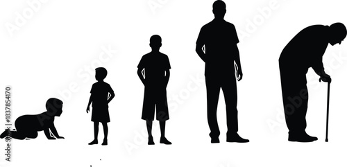 Silhouette illustration showing human life stages from crawling baby to elderly adult with cane, representing aging progression, growth development, and generational evolution