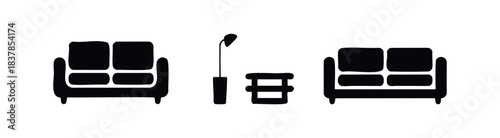 Stylized black icons of two sofas flanking a floor lamp and small table represent modern living room furniture arrangement for interior decoration projects.