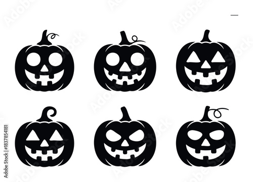 Collection of six black spooky Halloween pumpkin jack o lantern icons for festive October celebrations and scary holiday decor projects.