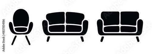 Collection of simple black icons representing a single chair and two different sizes of sofas for use in interior design or furniture store concepts.