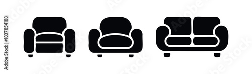 Collection of simple black icons representing a single armchair, a loveseat, and a sofa for use in furniture retail, interior decorating, and web interfaces.