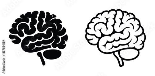 Human brain anatomical icons in black solid and outline styles for medical and science communication available for digital and print media applications