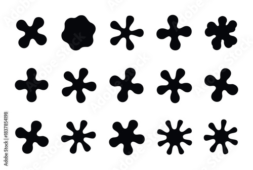 Collection of organic blob shapes and starburst forms in various sizes and styles perfect for modern graphic projects and abstract backgrounds.