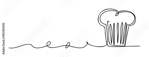 A simple line drawing depicts a chefs hat connected by a swirling line, perfect for culinary themes and restaurant branding projects.