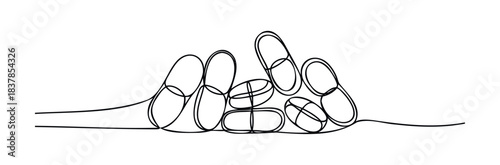 Minimalist line drawing of multiple pills and capsules clustered together, suggesting medical treatment and healthcare for websites, articles, and presentations