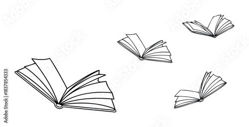 Collection of open outline books scattered across a void, representing knowledge and education, perfect for academic subjects, reading promotions, or library themes.
