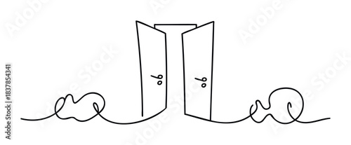 Minimalist single line drawing of an open doorway with stylized path leading away and motivational word go on each side, symbolizing new opportunity and choices for growth and progress.
