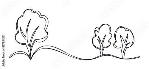 Simple line drawing of a trio of abstract trees on rolling ground, perfect for organic branding and naturethemed graphic needs.