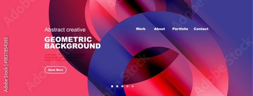 Abstract website header design. Geometric shapes, vibrant colors, text elements present. Modern, clean aesthetic.
