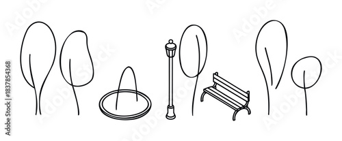 Line art depiction of park objects including trees, a lamppost, a bench, and a planter, perfect for landscape concepts and outdoor ambiance graphics.