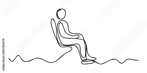 Minimalist line drawing of a person seated in a car seat against a plain backdrop conveying simplicity and modern travel ideas.
