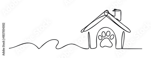 Simple Line Drawing of a Dog House with Paw Print Entrance for Pet Care and Animal Shelter Branding Projects