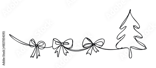 Festive continuous line drawing of holiday bows connected to a Christmas tree, perfect for seasonal celebrations and joyful decorations for marketing.