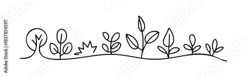 Simple linear sketch of diverse plant life with leaves and a tree, perfect for nature themed projects and organic branding elements.