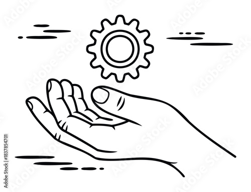 Open hand holding a gear symbol representing support and mechanics for technology and engineering applications