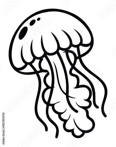 Black outline drawing of a jellyfish with flowing tentacles and bell for aquatic life or ocean concept usage