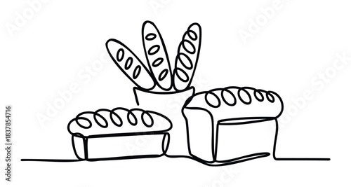 Simple line drawing of various baked bread loaves and baguettes in a container, perfect for food blogs or bakery advertising needs.