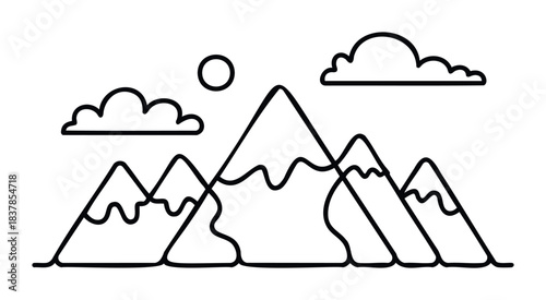 Minimalist line drawing of a mountain range with sun and clouds, perfect for nature themes and outdoor adventure graphics
