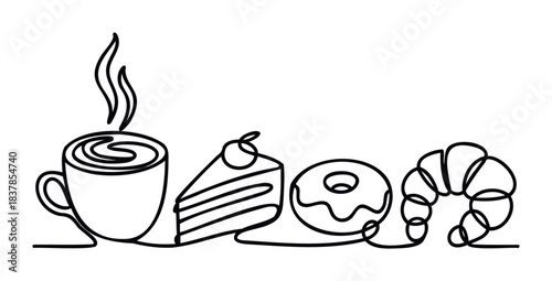 Simple continuous line drawing of a steaming coffee cup, slice of cake, donut, and croissant suitable for breakfast cafe branding or food service promotions