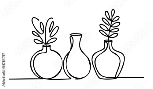 Minimalist single line drawing of three vases with plants, perfect for home decor websites, interior design blogs and organic product branding for a natural feel.