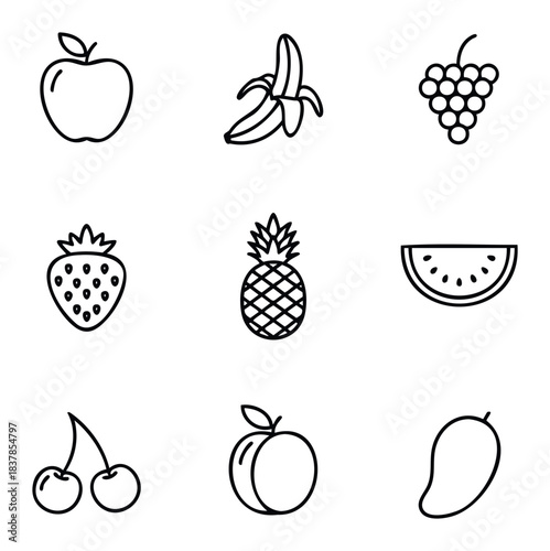Collection of simple line art icons representing popular fruits like apple, banana, grapes, strawberry, pineapple, watermelon, cherries, peach and mango for healthy eating or food related