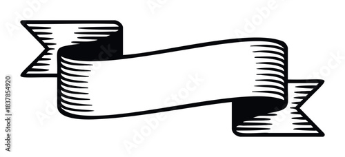 Vintage style black and white ribbon shape with textured fills for adding text and titles in promotional materials and graphic projects