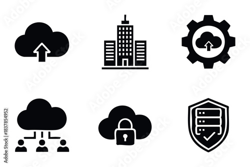 Collection of modern icons representing cloud computing, data security, corporate structure, and network connectivity for business applications and digital services