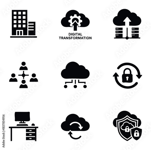 Collection of modern icons representing business concepts like digital transformation cloud computing data security teamwork and office workspace for corporate presentations and web