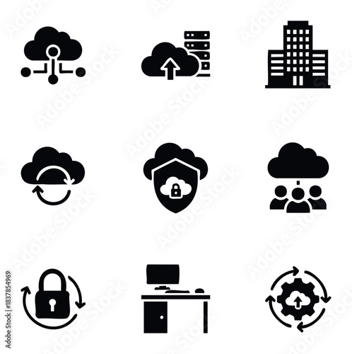 Collection of nine black technology and business icons representing cloud computing, data security, and office work for digital applications and presentations