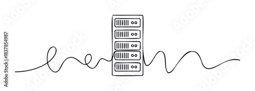Server rack with blinking lights and abstract wavy line representing data flow or network connection for technology concepts and IT services usage.