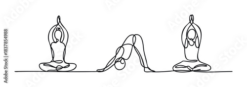 One line drawing of people performing yoga poses for wellness and fitness motivation, perfect for health and lifestyle content creation.