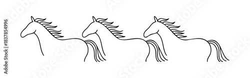 Dynamic line drawing showcasing three galloping horses in a row, conveying motion and freedom for use in equestrian themes or abstract animal concepts.