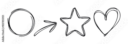 Hand drawn simple outline shapes including circle, arrow, star and heart symbol for graphic use in abstract concepts and ideas.