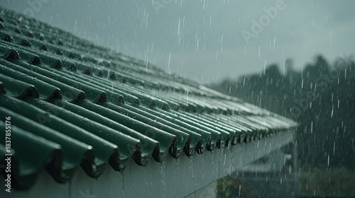 Rainy roof emerald tiles with downpour, and blurry forest background.