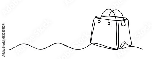 Continuous line drawing of a shopping bag with a wavy line extending from it, representing consumerism and retail, ideal for ecommerce promotions and shopping event visuals.