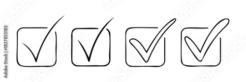 Hand drawn checkmarks inside square boxes represent successful task completion and selection for list making and planning