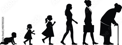Silhouette illustration showing the stages of a woman’s life from infancy to old age, representing growth, aging, development, progress, and transformationSilhouette illustration showing the 