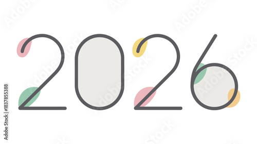 Embracing the Future: A minimalist representation of the year 2026, where each digit is thoughtfully designed and enhanced with delicate color accents.