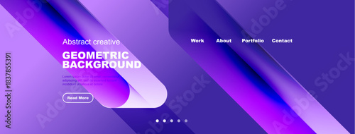 Modern website header design. Vibrant blue, purple gradients dominate. Text elements present information, navigation options visible. Clean aesthetic.