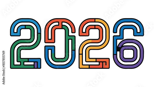 2026 Typography Design: A vibrant and modern typographic design displaying the year 2026. The unique aesthetic employs a modular style with interconnected segments, giving an appealing appearance.
