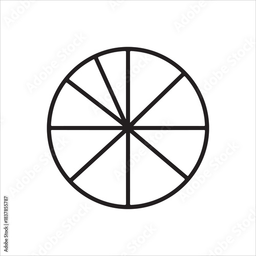 Simple black and white line art icon representing a circle divided into eight equal pie chart segments or slices