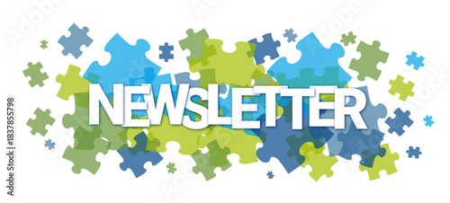NEWSLETTER typography vector banner with multicolored jigsaw puzzle background