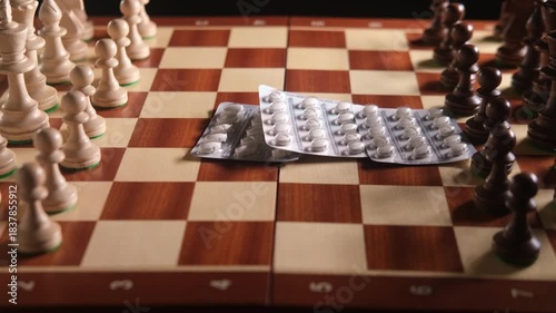 Blister packs of pills on a chess board surrounded by wooden chess pieces. Concept of strategy, medicine, and making critical health decisions.